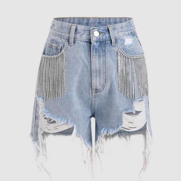 Cider Pants - Cider Diamond Tassels Fringe Distressed Denim Shorts - Light Blue Size M